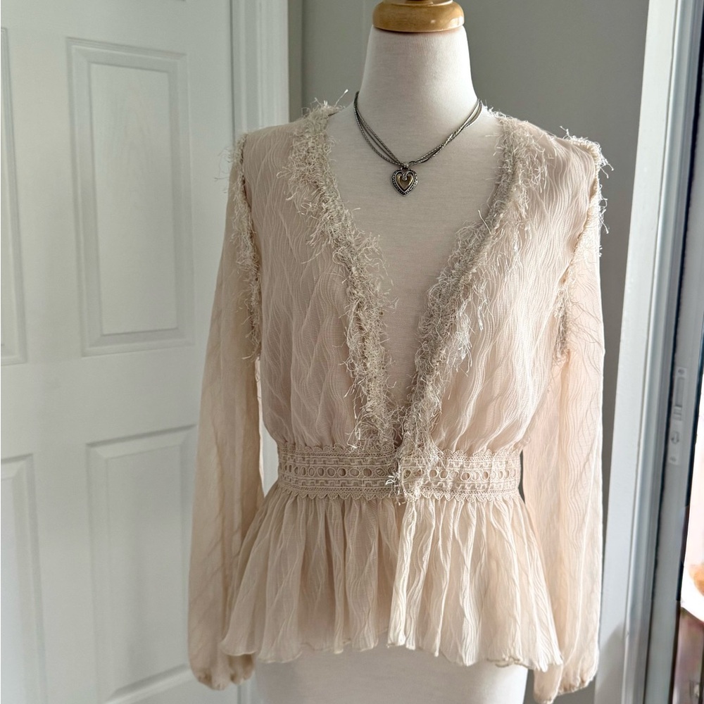Moon River Blush Cream Peplum Lace Trim Blouse